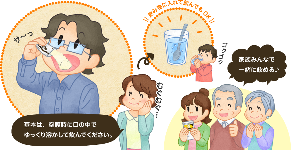基本は、空腹時に口の中でゆっくり溶かして飲んでください。